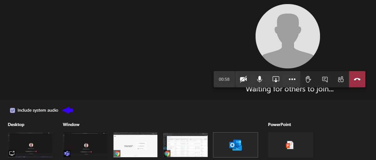 Include system audio checkbox in Teams